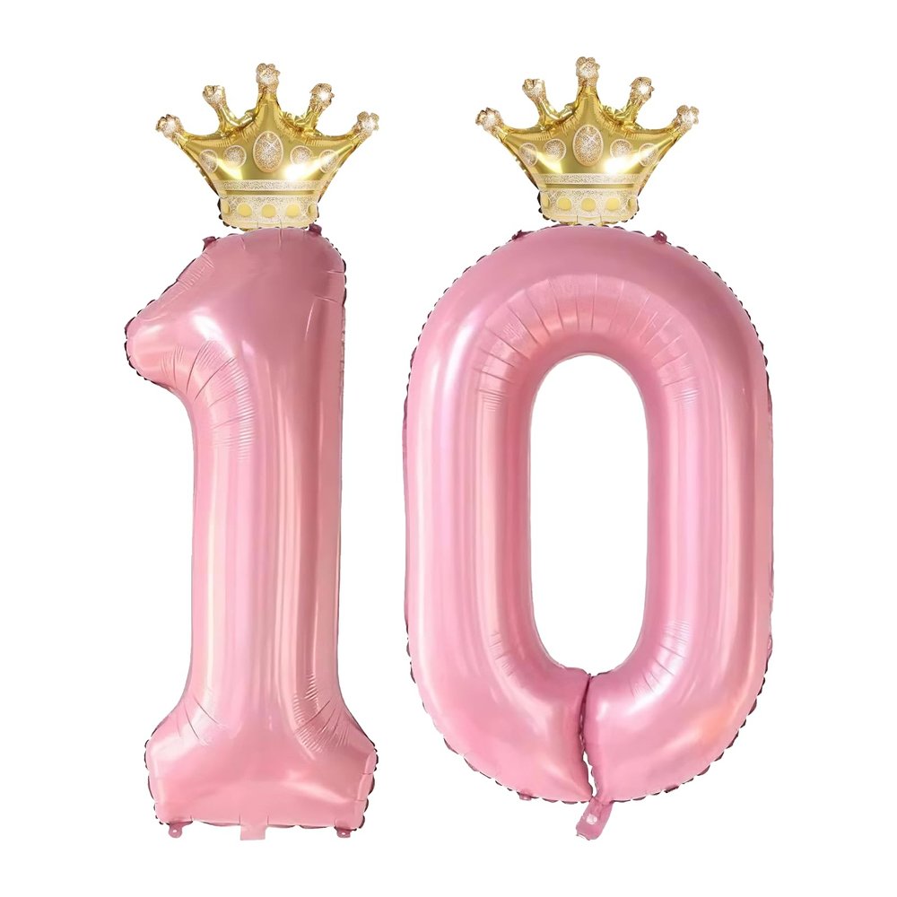 10 Number Balloon Pink 40 inch Big Foil Crown Helium 10th Balloons for 10 Year Old Boy Girl Birthday Party Decorations Wedding Anniversary Events Supplies