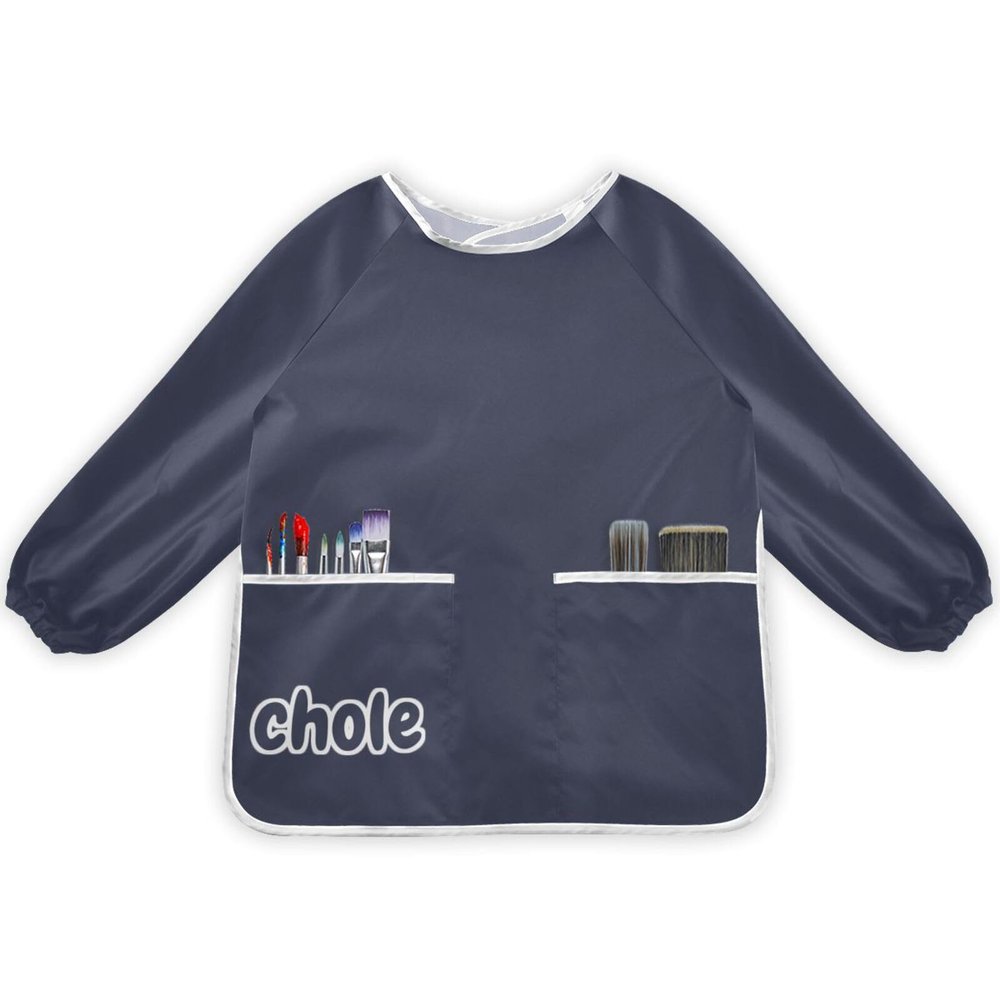 DOMIKING Navy Blue Customized Kids' Art Smocks Long Sleeves Kid Painting Aprons Artist Smcoks for Eating Baking Painting M