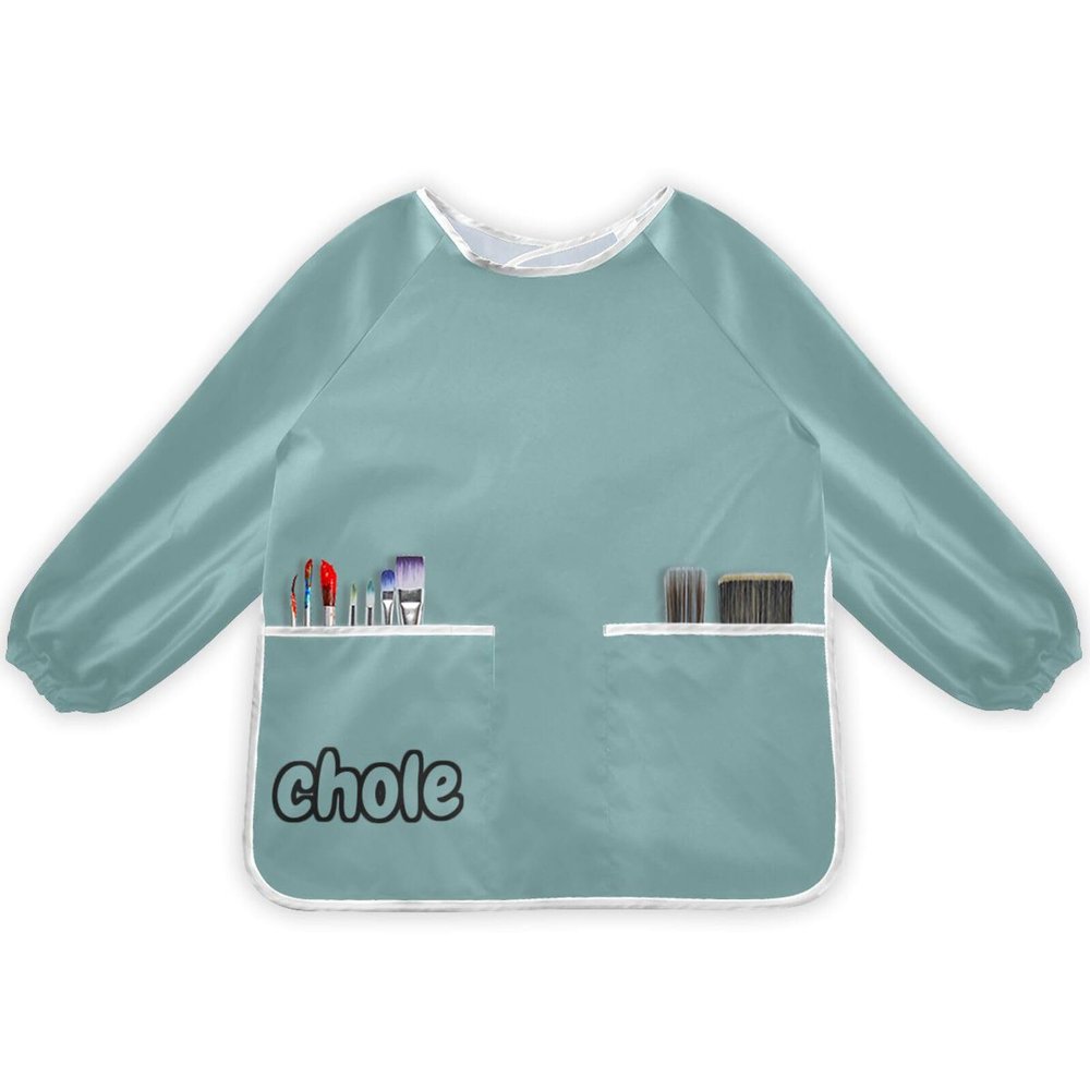 DOMIKING Teal Customized Kids' Art Smocks Long Sleeves Kid Painting Aprons Artist Smcoks for Painting Cooking Baking M
