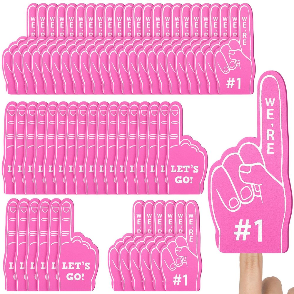 Sinmoe 48 Pieces Sport Party Favors Fan Foam Finger Mini #1 Basketball Baseball Football Soccer Team Cheerleader Gifts for Sporting Events Games Birthday Supplies(Pink)