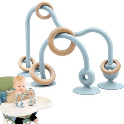 Baby Sensory High Chair Suction Toys for Infant Toddlers 12 18 Months, Food Grade Silicone String with Oak Loop Montessori Educational Parent-Child Baby Bath Toy Gift for Birthday Christmas(Blue)