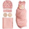 DRESHOW BQUBO Baby Swaddle Blankets for Girls, 4PCS Newborn Accessories Set with Matching Hat and Bow Headband with Card view 1