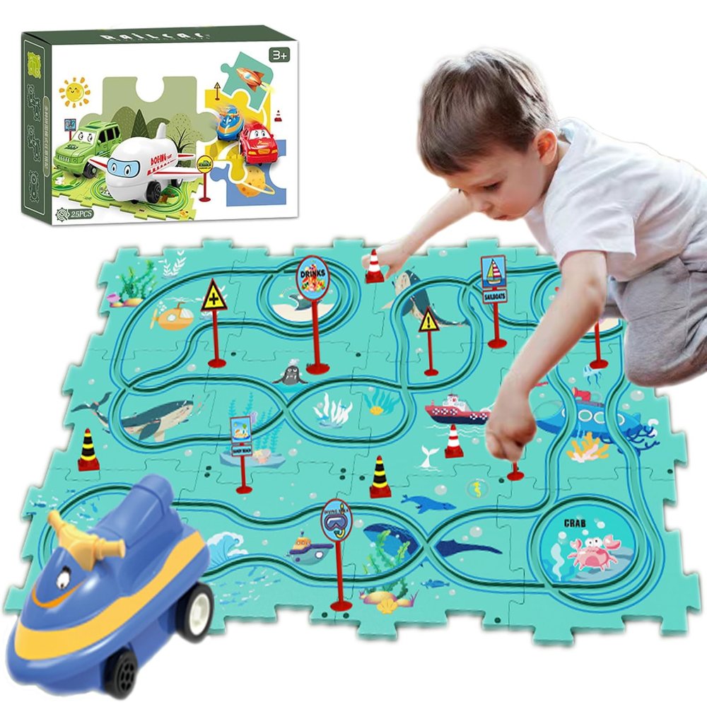 25Packs Puzzle Racing Children's Racing Track Set, Dinosaur Puzzle Puzzle Racing Track Car Game Set, Puzzle Racing Track Set, Preschool Best Children's Gift Christmas Boys and Girls Gift (Ocean theme)
