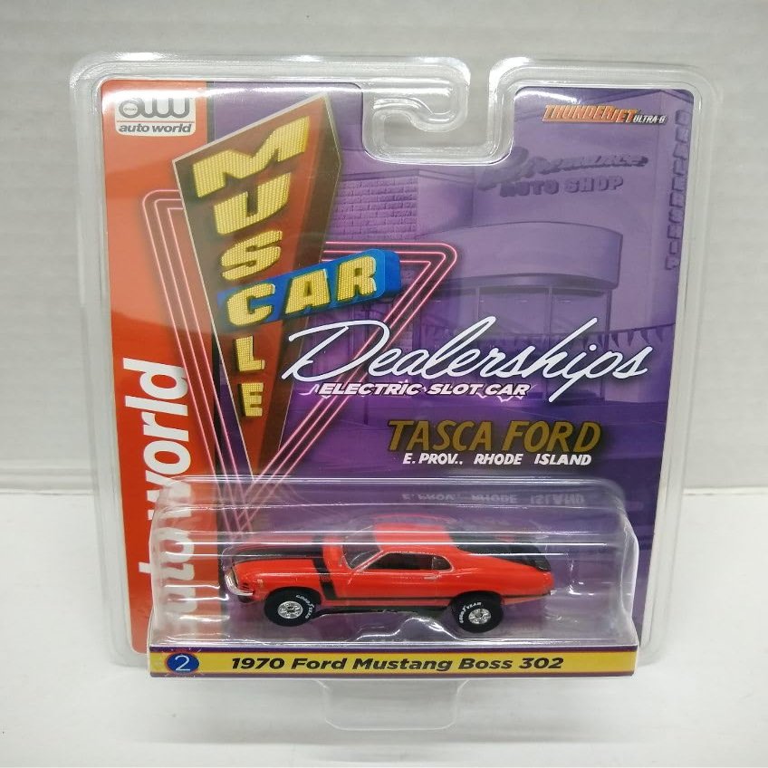 Auto World SC394-2B Muscle Car Dealerships 1970 Mustang Boss 302 HO Scale Electric Slot Car - Red Orange with Black