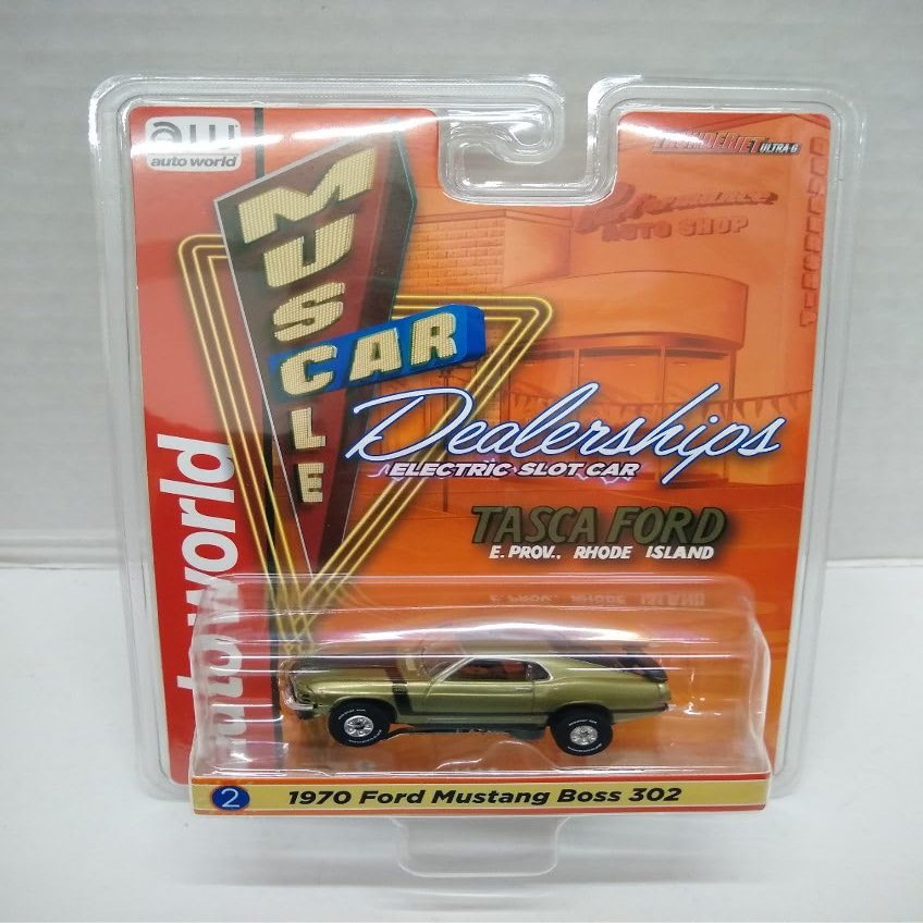 Auto World SC394-2A Muscle Car Dealerships 1970 Mustang Boss 302 HO Scale Electric Slot Car - Gold with Black