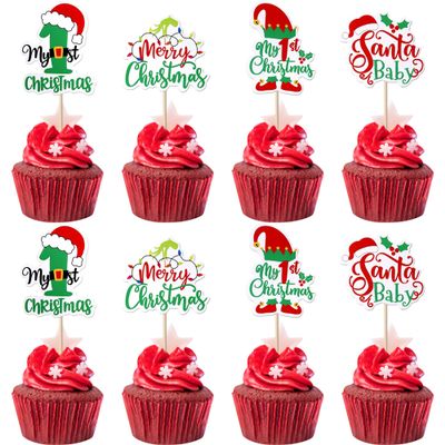 36 Pack Merry Christmas Cupcake Toppers My First Birthday Christmas Cupcake Picks Santa Baby Hat Xmas 1st Birthday Cupcake Decorations Party Supplies