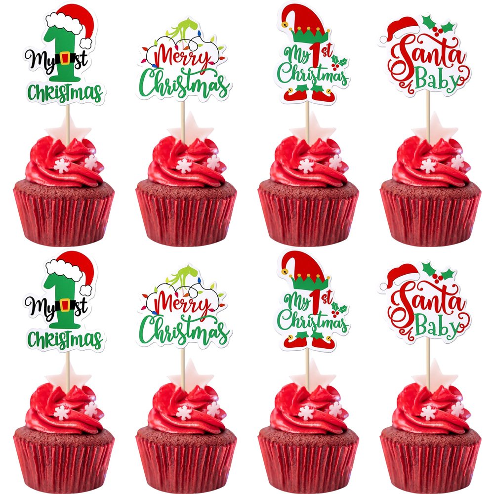 36 Pack Merry Christmas Cupcake Toppers My First Birthday Christmas Cupcake Picks Santa Baby Hat Xmas 1st Birthday Cupcake Decorations Party Supplies