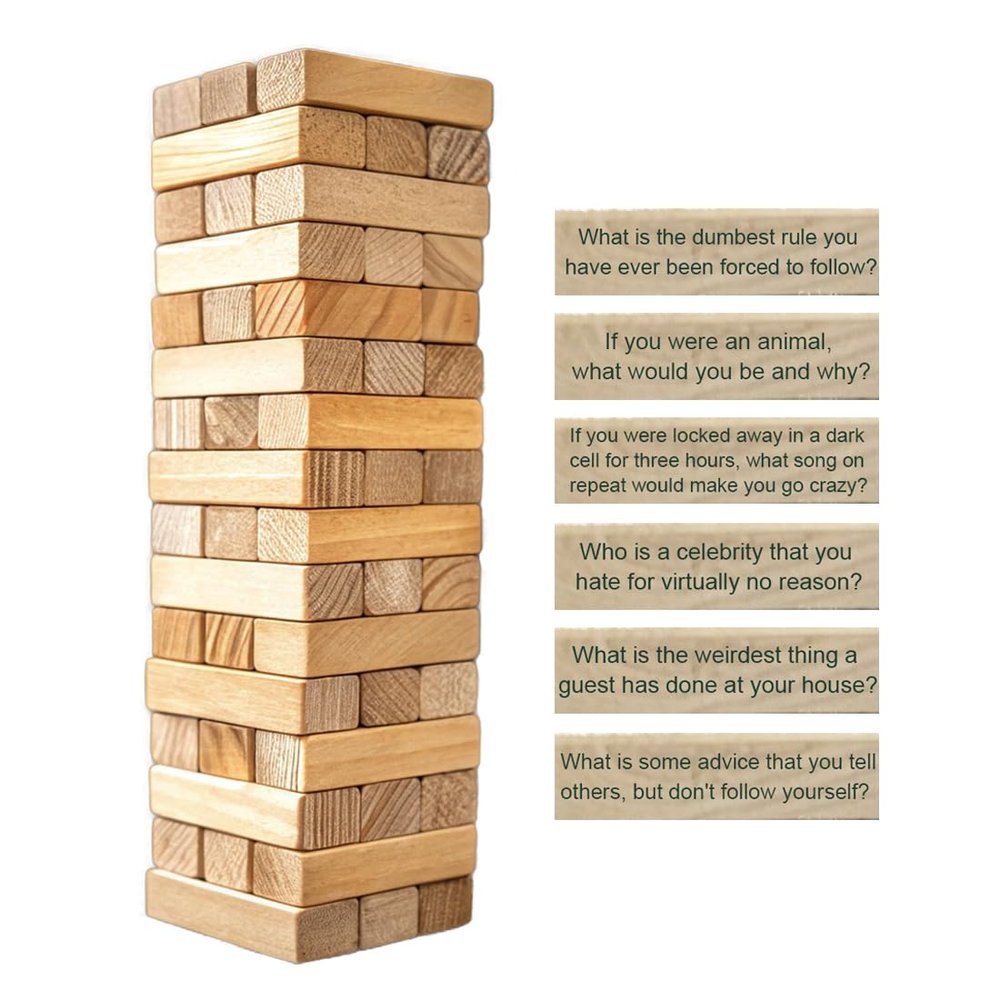 Ice Breaker Questions Wood Balance Stacking Blocks Game for Adults - Get to Know Each Other Family Night Games Tumbling Tower - Icebreaker Conversation Starters
