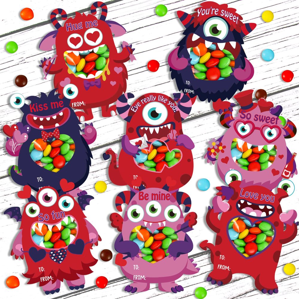 64 Sets Valentine's Day Cards for Kids, Monster Happy Valentines Cards for Kids, Unique Valentines Gifts for Boys and Girls, Funny Valentines Exchange Cards Gifts School Classroom Prize Party Favors