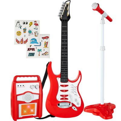 Best Choice Products Kids Electric Musical Guitar Play Set, Toy Guitar Starter Kit Bundle w/ 6 Demo Songs, Whammy Bar, Microphone, Amp, AUX, 2 Sticker Sheets - Red