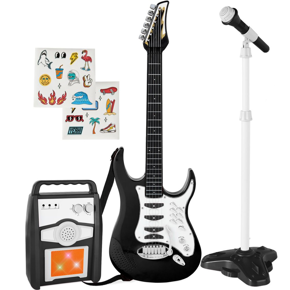 Best Choice Products Toy Kids Guitar Play Set Bundle, Pretend Play Toddler Electric Guitar Kit with Interactive Microphone, Amp, Whammy Bar, 6 Demo Songs and 2 Sticker Sheets - Black