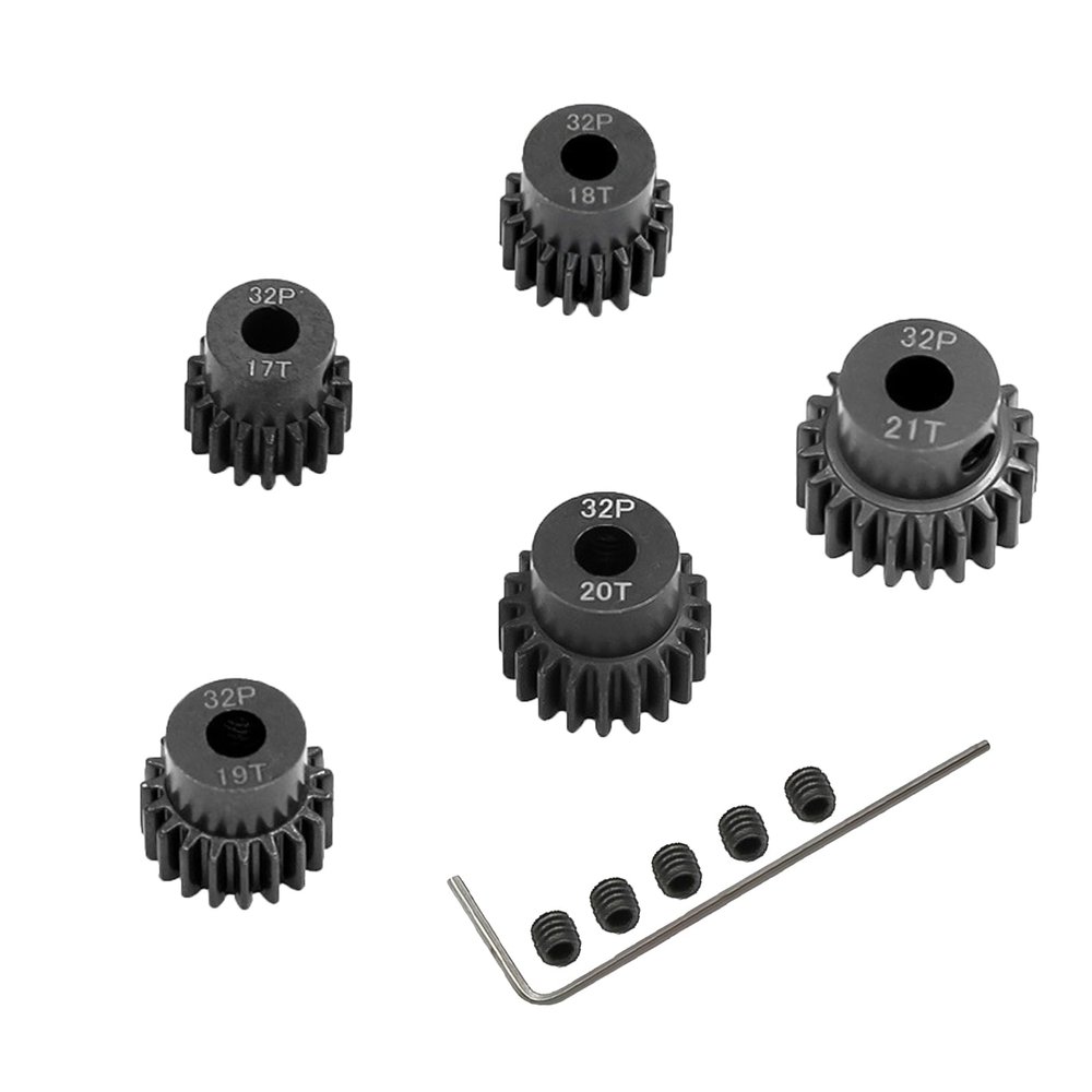 5-Pack Steel Metal 32P 5mm Pinion Motor Gear Sets 17T 18T 19T 20T 21T Compatible with HPI Kyosho Losi Axial Tamiya 1/8 1/10 RC Car Monster Truck Buggy (for 14 Years and Up)