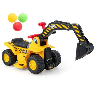 HONEY JOY Electric Ride on Push Car, Toddler Bulldozer Digger w/Balls & Basketball Hoop, Outdoor Digging Scoop, Flexible Bucket, 6V Ride on Excavator Construction Vehicle for Kids