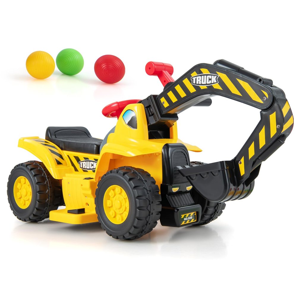 Costzon 6V Ride On Construction Excavator, Outdoor Digger Scooper Tractor Toy W/Safety Helmet, Rocks, Horn, Underneath Storage, Moving Forward/Backward, Pretend Play Ride On Truck (6V)