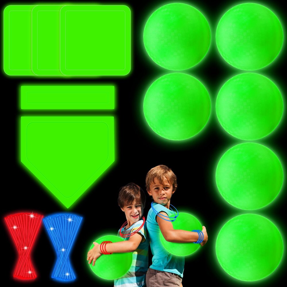 Hiboom 13 Pcs Glow in The Dark Kickball Dodgeball Set Includes 10 Inch Playground Ball with Pump 5 Rubber Bases 100 Glow Sticks for Adults Playground School Backyard Game Outdoor Indoor Games
