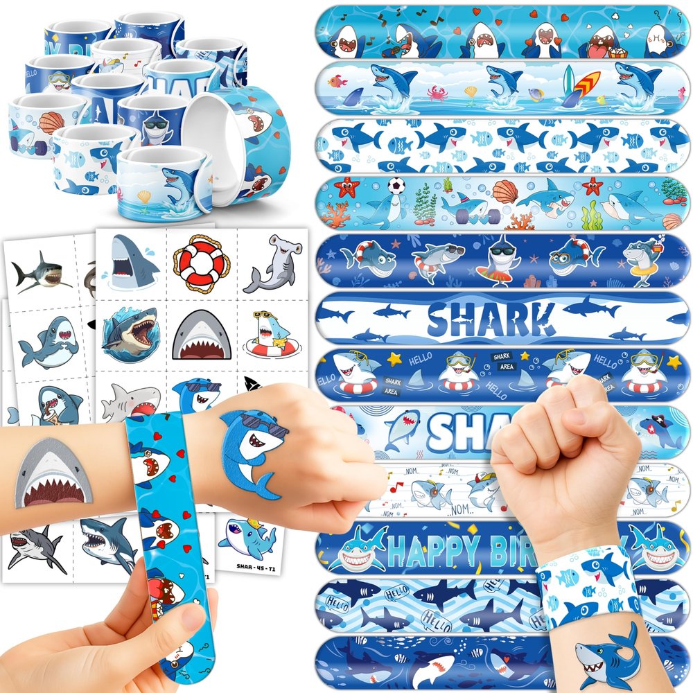 72PCS Shark Party Favors - 48PCS Pre-cut Tattoos & 24PCS Slap Bracelets - Ocean-Themed Birthday Supplies, Undersea Decorations, Classroom Prizes, Gifts for Boys & Girls