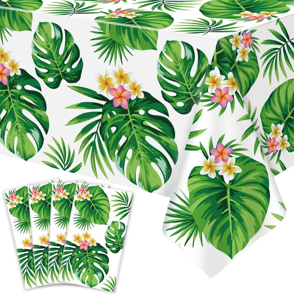 4 Pack Hawaiian Luau Tablecloths Tropical Palm Leaves Table Cloth Hawaiian Luau Table Cover Palm Leaves Table Cloth Baby Birthday Birthday Party Summer Pool Tropical Party Decorations 86 x 51 IN