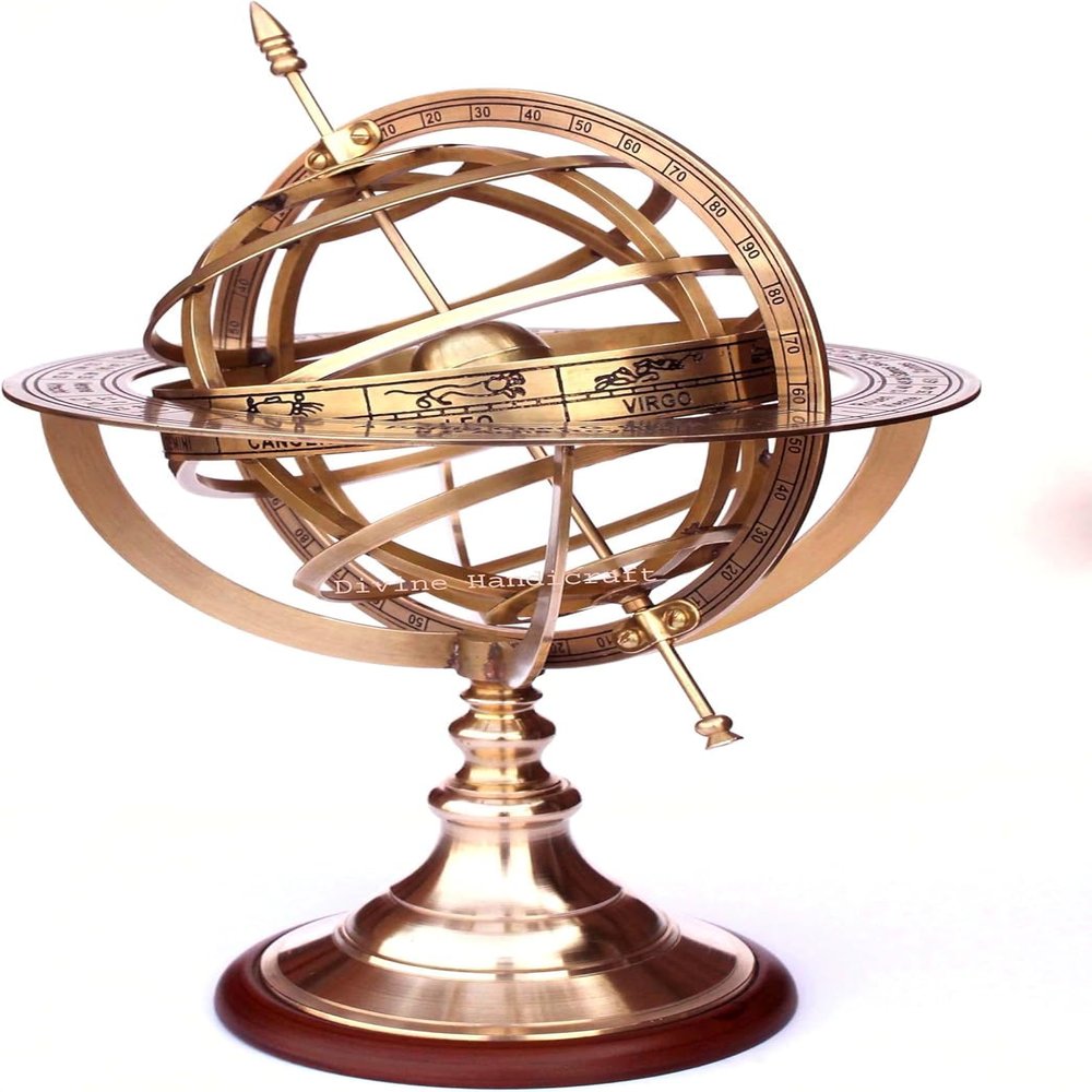 DIVINE HANDICRAFT New Astrolabe, Zodiac, Engraved, Celestial, 11'' Height Brass Armillary Sphere Globe,Finish (Brass Shine) Golden