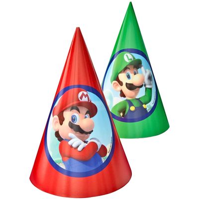 Vibrant Red & Green Super Mario Brothers Paper Cone Hats - 6" (Pack of 8) - Premium Quality - Perfect for Nintendo Fans & Celebrations
