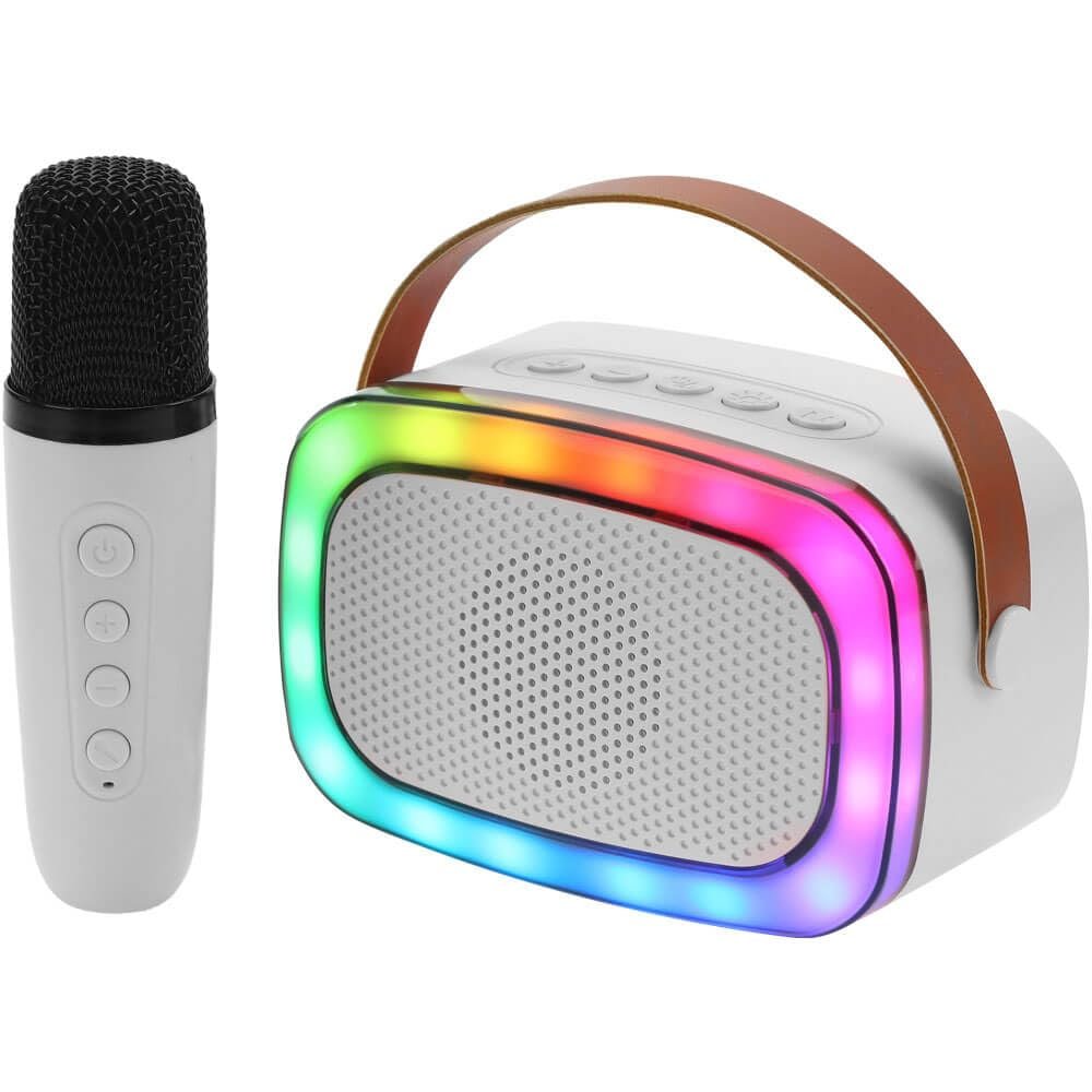 IQ Sound IQ-908K Mini Karaoke Bluetooth Speaker with Wireless Microphone, RGB Lights Surround, Fun Voice Changing in Rechargeable Compact, and Portable Design Ideal Gifts for Kids and Adults (White)