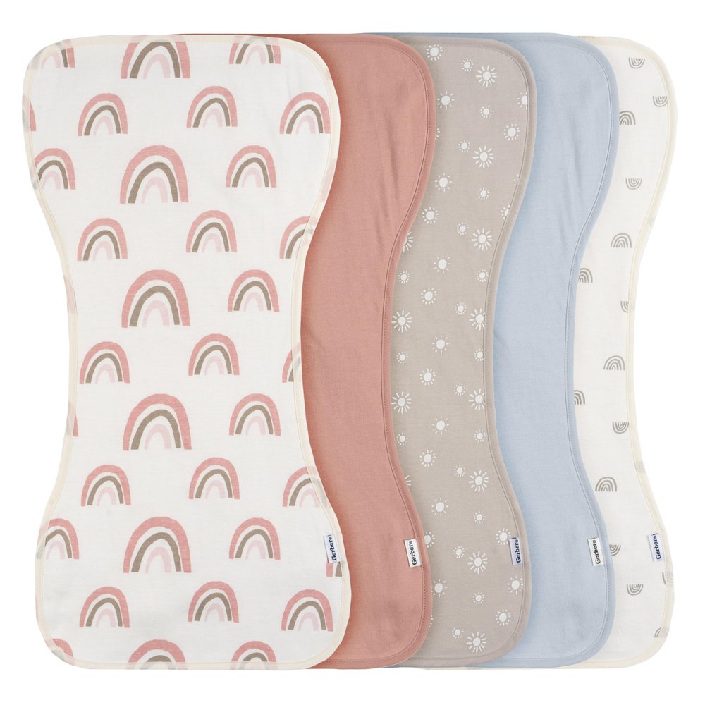 Gerber Baby Unisex Burp Cloths 5-Pack, Pink Rainbows, Size 10.5" x 21"