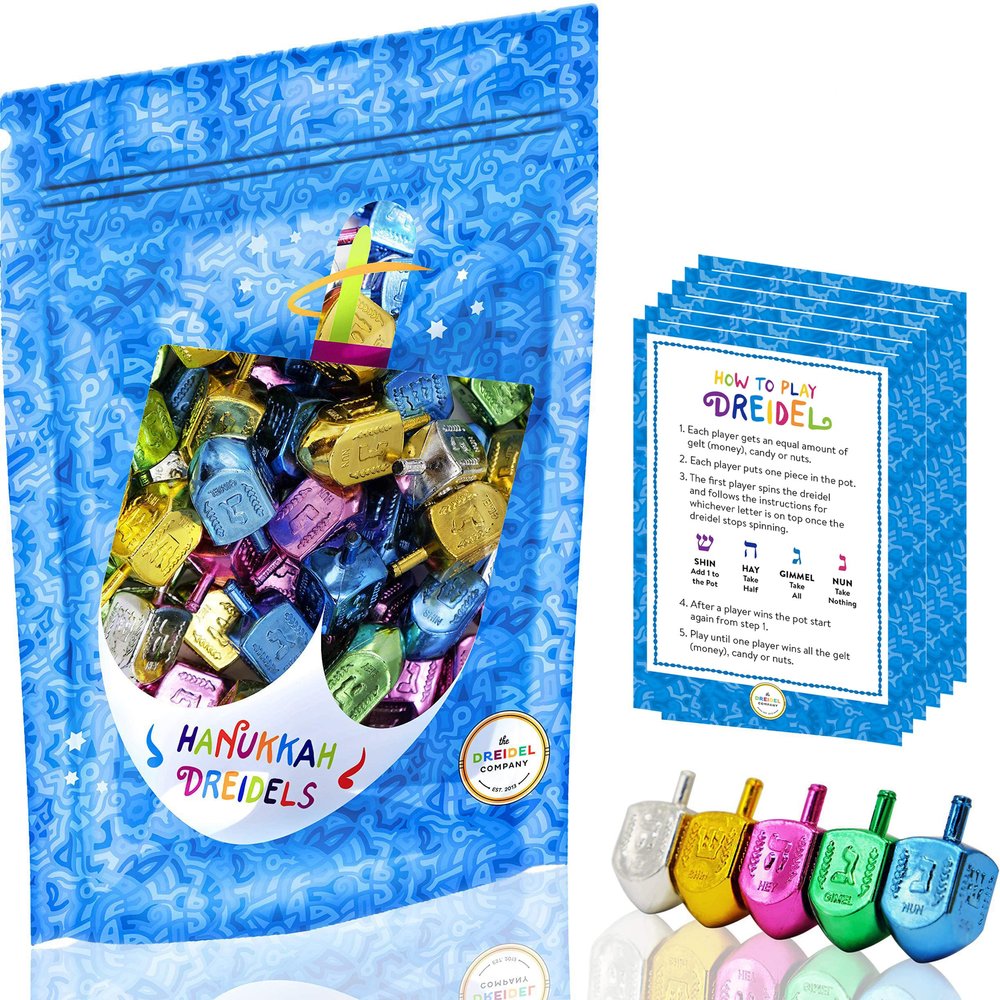 Hanukkah Dreidels Metallic Multi-Colored Draydels with English Translation, Spinning Tops Includes Dreidel Game Instruction Card (200-Pack)