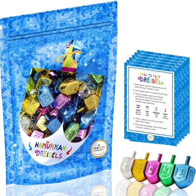 Hanukkah Dreidels Metallic Multi-Colored Draydels with English Translation, Spinning Tops Includes Dreidel Game Instruction Card (500-Pack)