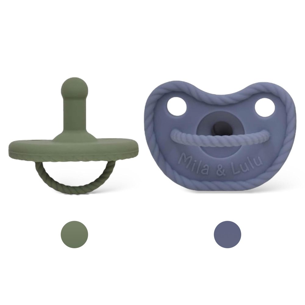 Mila & Lulu Round Shape Silicone Pacifiers (Set of 2); 0 Months and up; 100% Food-Grade Silicone; Ultra-Light Silicone Binkies Set; 1 Piece Design (Olive/Ocean)