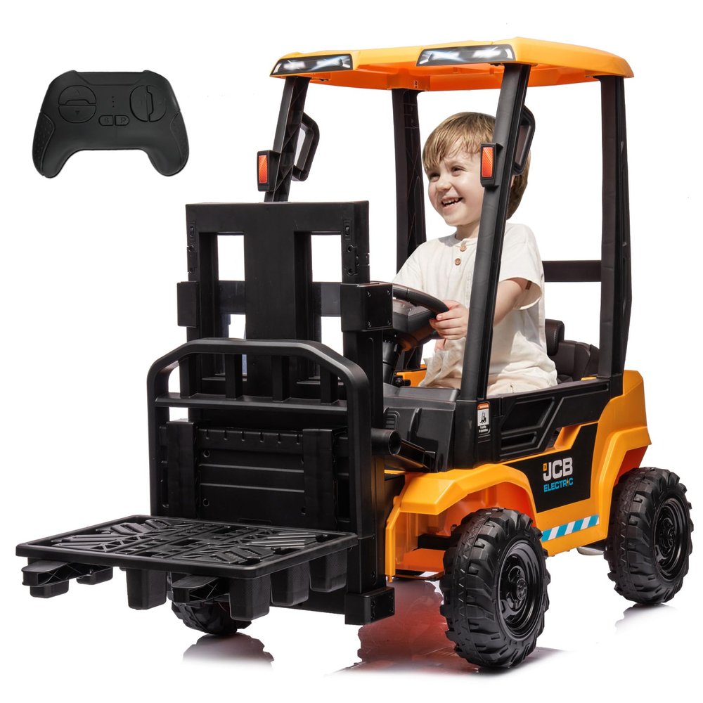 12V Kids Forklift Ride on Car, Licensed JCB Battery Powered Electric Ride On Construction Car with Liftable Fork, Remote Control, Seat Belt, Spring Suspension, Yellow