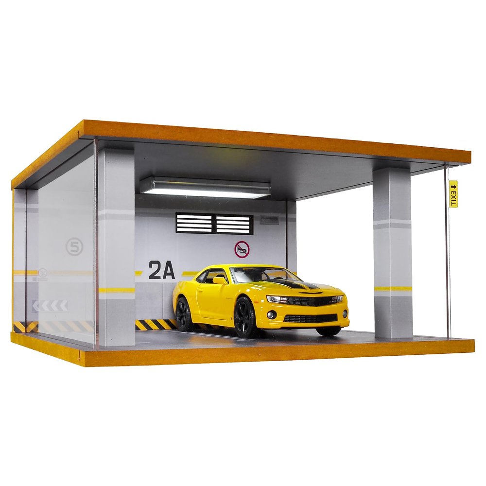 cxiiuui 1/24 Scale Display Case Car with LED Light and Acrylic Cover Parking Garage Wooden Diecast Car Show Case 2 Parking Spaces Grey and White