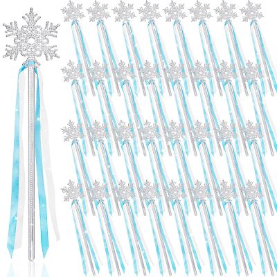 PullCrease 48 Pcs Snowflake Wand Sparkling Snowflake Fairy Wands for Winter Kids Girls Boys Princess Theme Birthday Party Favors Play Supplies Decorations (Blue)