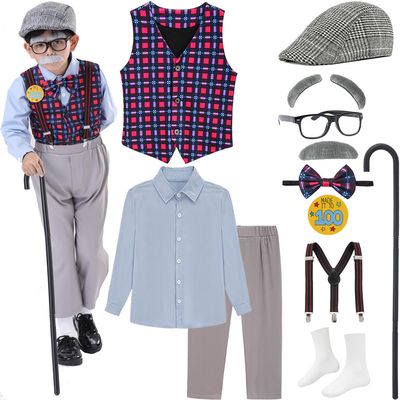 ZeroShop Old Man Costume for Kids, Hats with Shirts 100th Day of School Grandpa Old Person Dress Up Outfit for Boy -6