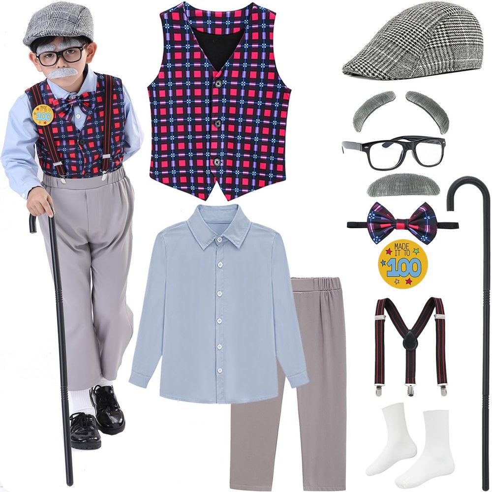 ZeroShop Old Man Costume for Kids, Hats with Shirts 100th Day of School Grandpa Old Person Dress Up Outfit for Boy -6