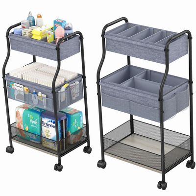 3-Tier Baby Diaper Caddy Organizer and Storage Cart, Mobile Metal Utility Cart with Rolling Wheels for Nursery Essentials with 4+2 Dividers, Large Capacity Rolling Cart For Bedroom, Bathroom, Nursery