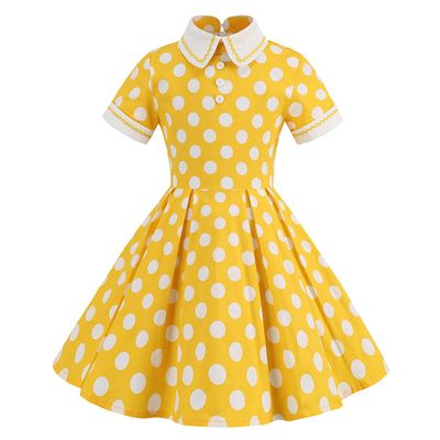 IMEKIS Kids Girls Vintage Short Sleeve Turn-Down Collar Polk Dot Dress Retro 1950s Cherry Print Swing Dress for Cocktail Tea Party Wedding Yellow 9-10 Years