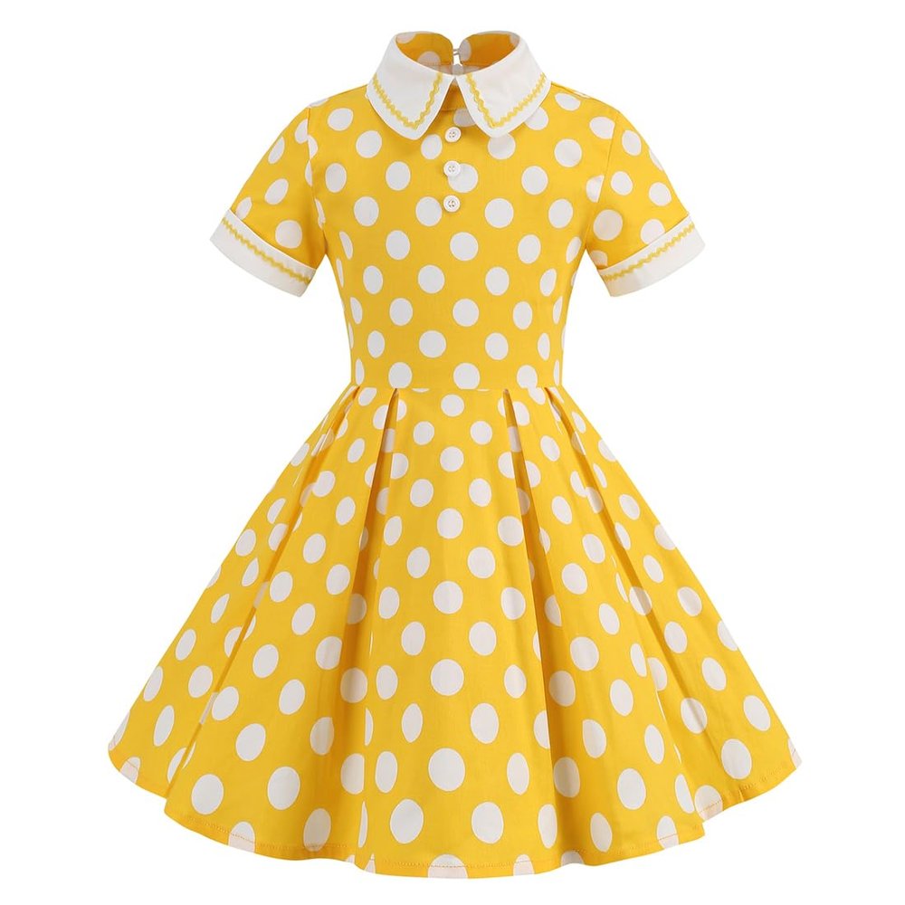 IMEKIS Kids Girls Vintage Short Sleeve Turn-Down Collar Polk Dot Dress Retro 1950s Cherry Print Swing Dress for Cocktail Tea Party Wedding Yellow 9-10 Years
