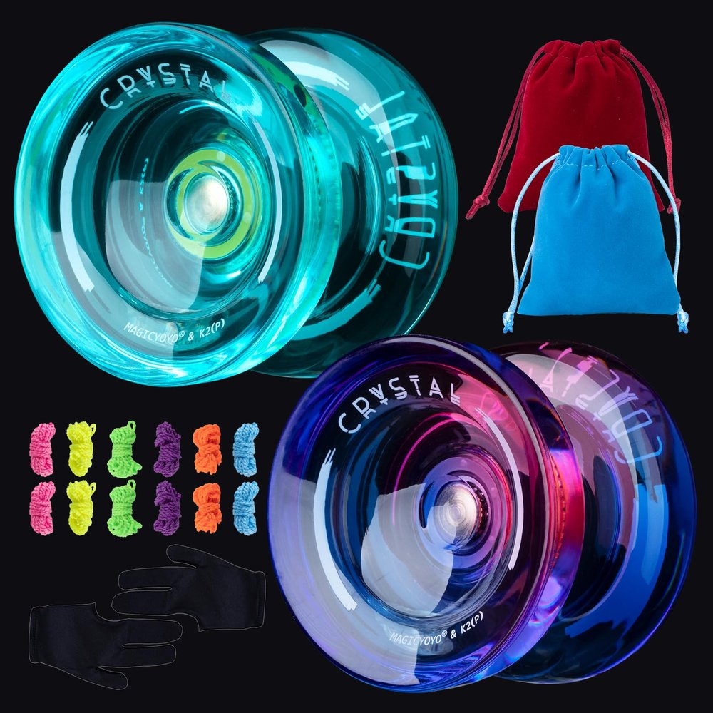 MAGICYOYO K2 Responsive Yoyo for Kids Beginners Yo-Yo with 2 Yo Yo Gloves, 2 Yo-Yo Bags, 12 Yo yo Strings (Crystal Green+Crystal Purple Pink)