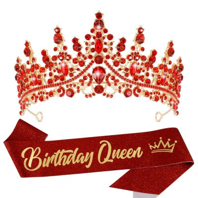 VELSCRUN Birthday Queen Tiara Crowns for Women Girls Red Crystal Birthday Queen Headband Sash Elegant Princess Crown Happy Birth Party Decorations Mom Sisters Birth Gift Hair Accessories