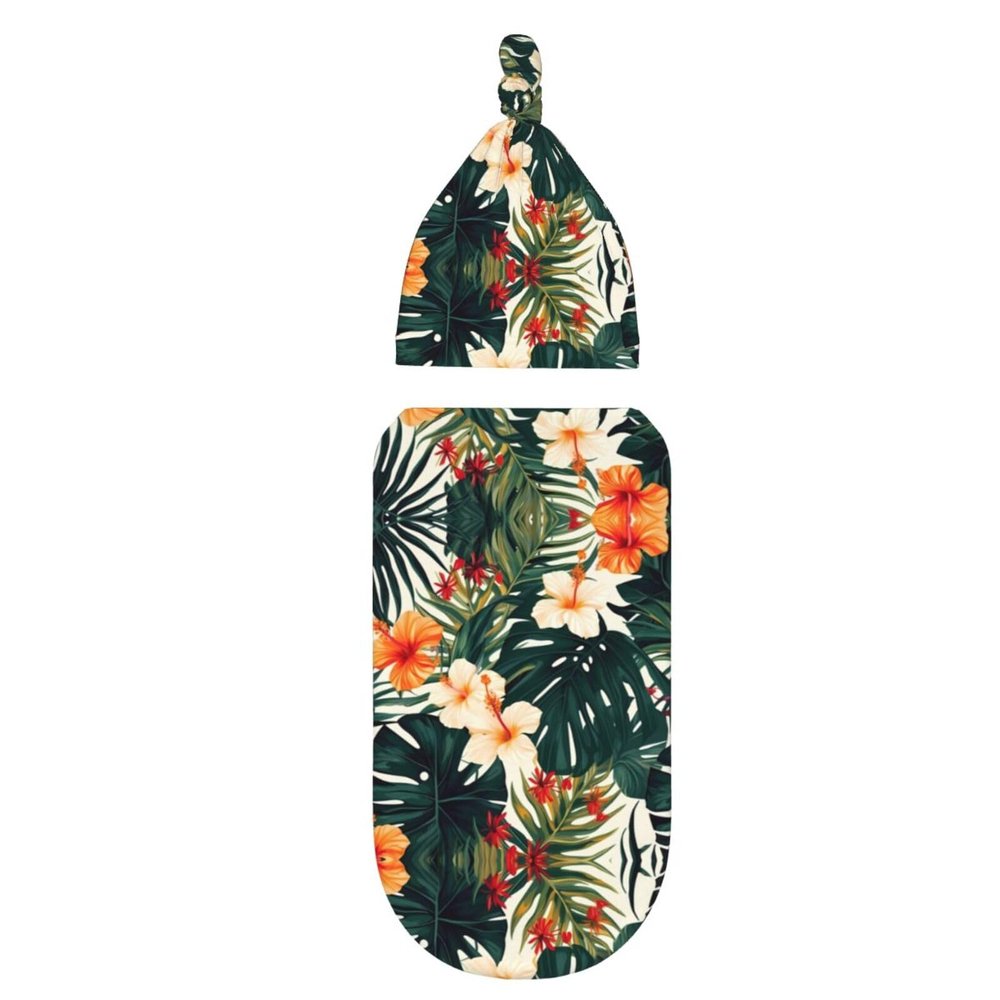 AoRom Tropical Summer Hawaiian Flower Palm Leaves Printed Newborn Swaddle Blanket With Beanie Hat Set,Baby Swaddle Blanket,Newborn Soft Sleep Sacks For Boys Girls