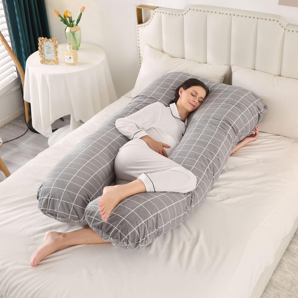 Hausmagnolia Pregnancy Pillow - U-Shaped 55.12 x 27.56 inches, Full Body Support with Soft Velvet Cover, Classic Plaid(Color:4)