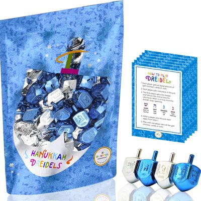The Dreidel Company 200-Pack Hanukkah Plastic Silver & Blue Metallic Dreidels with English Translation, Spinning Tops Includes Dreidel Game Instruction Card
