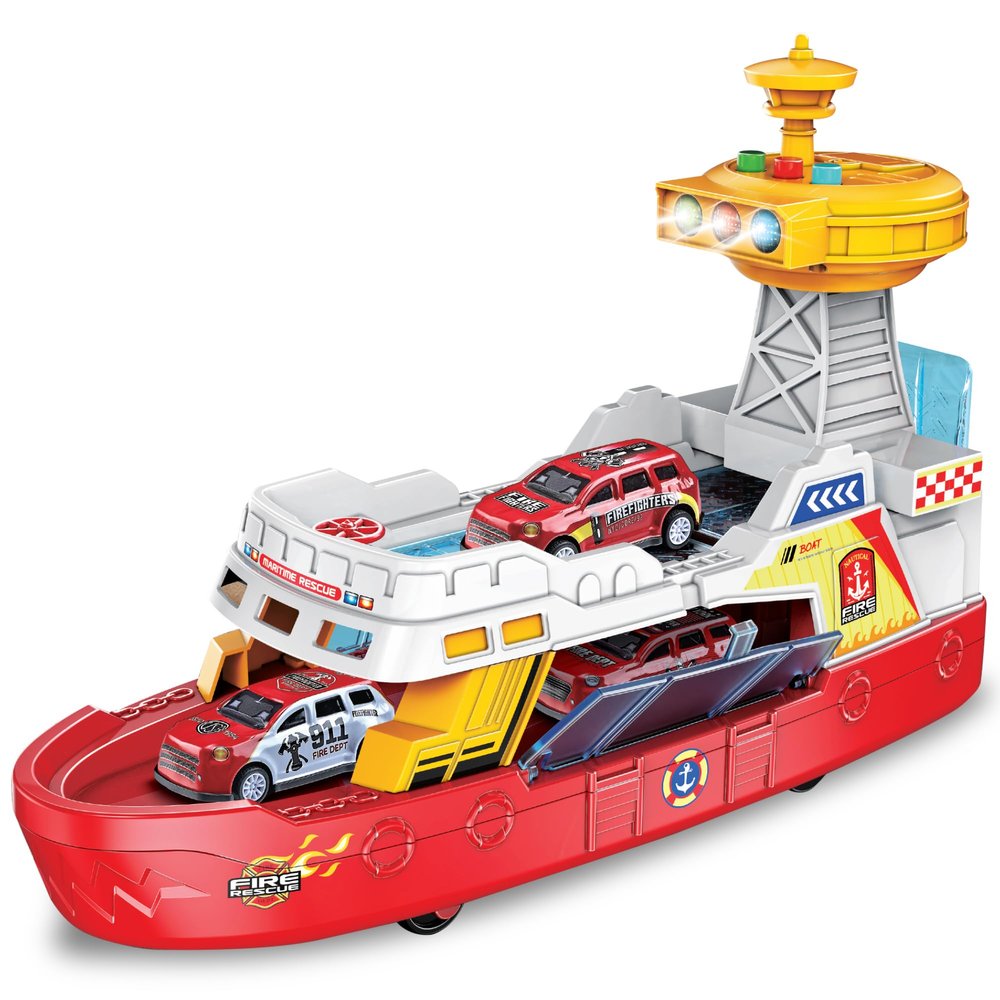 ArtCreativity Light Up Boat Toy with Sounds - Colorful Fire Dept Model Ship with Wheels & 3 Alloy Metal Cars - Kids Ferry Boat for Imaginative Play - Kids Birthday Gift Party Favor