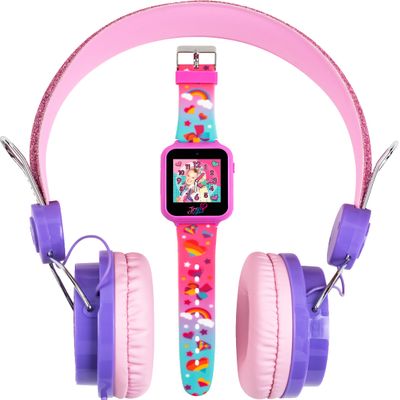 Accutime JoJo Siwa Headphone and Smart Watch Combo Set - Interactive Learning Games, Adjustable Pink Headphones, Multi Watch Faces, Ideal for Girls 6+