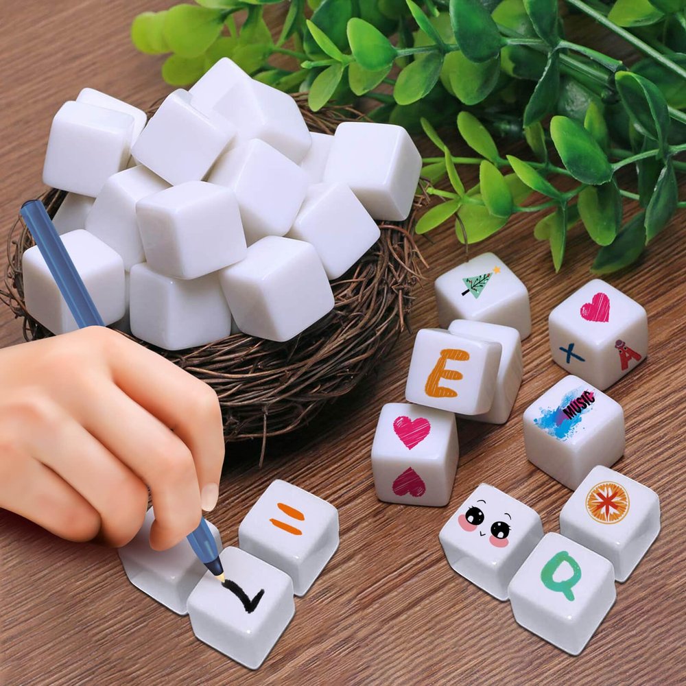 Blank Dice 16MM Acrylic Dice Write on White Cubes with Smoothed Surface Six-Sided Dice for Classroom Board Games DIY Sticker Counting Teaching Fun Numbers Building Blocks Custom Making (50 PCS)