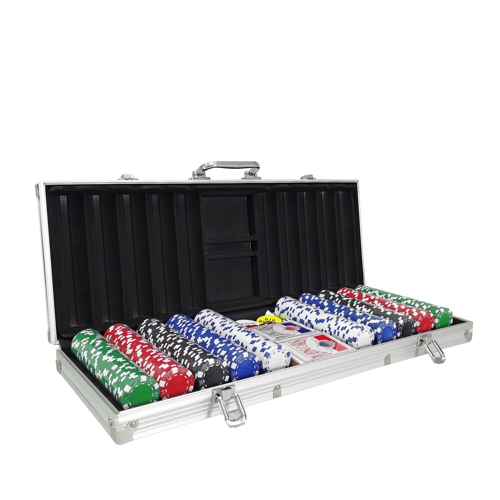 FixtureDisplays 500 pcs Poker Chip Game Set with Aluminum Case 22 X 8.4 X 2.4", 2 Decks of Paper Playing Cards, Dices, Markers for Texas Holdem Blackjack 15804