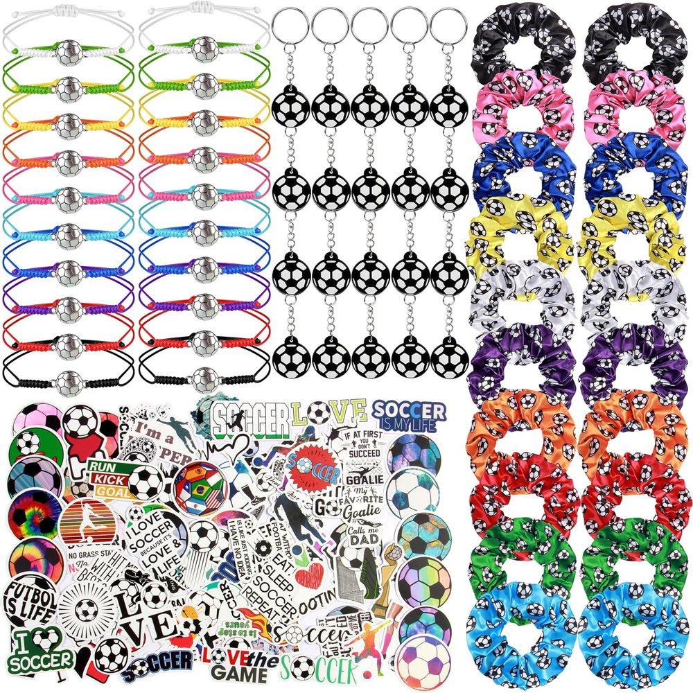 160Pcs Soccer Party Favor Set, 20Pcs Satin Soccer Scrunchies Hair Ties, 20Pcs Soccer Bracelet, 20Pcs Soccer Key chains, 100Pcs Soccer Stickers for Soccer Sports Birthday Themed Party Decoration
