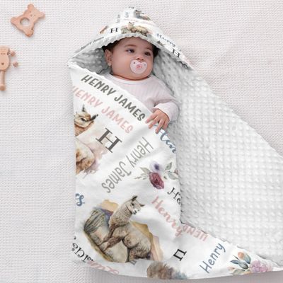 Personalized Alpaca Llama Hooded Baby Swaddle Blanket Llama Baby Blanket Minky Dotted Infant Wrap with Custom Name Nursery Swaddling Blankets 40x40 in