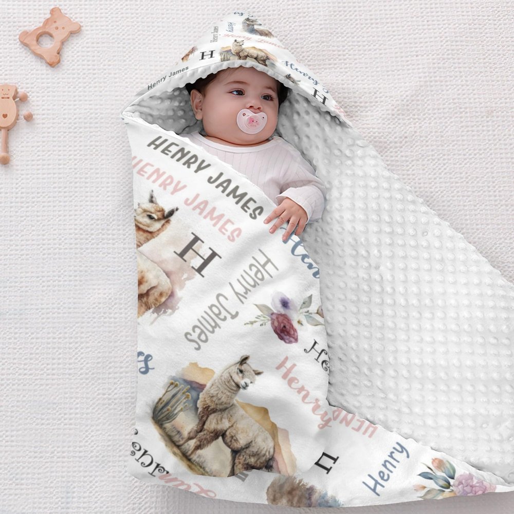 Personalized Alpaca Llama Hooded Baby Swaddle Blanket Llama Baby Blanket Minky Dotted Infant Wrap with Custom Name Nursery Swaddling Blankets 40x40 in