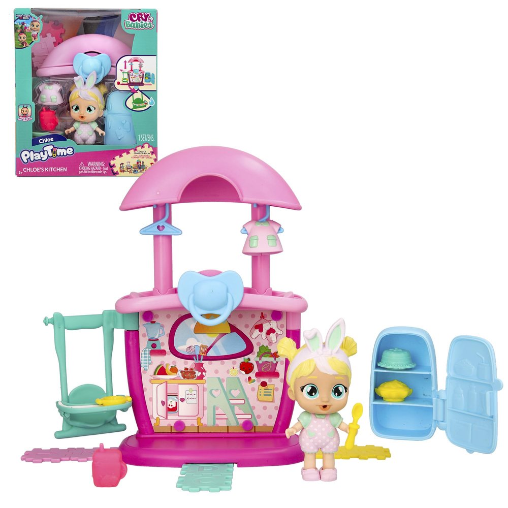 Cry Babies Playtime Chloe's Kitchen Playset with Collectible Doll and 4+ Accessories, Dollhouse Accessories, Holiday Toy, Great Gift for Kids Ages 4 5 6+ Years Old