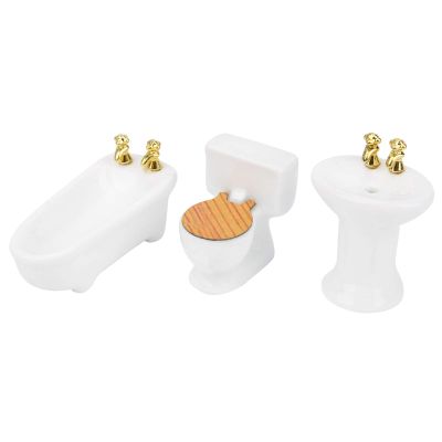 1/24 Scale Simulation Ceramic Dollhouse Miniature Bathroom Set 3 Colors Bathtub Toilet Sink (Pure White)